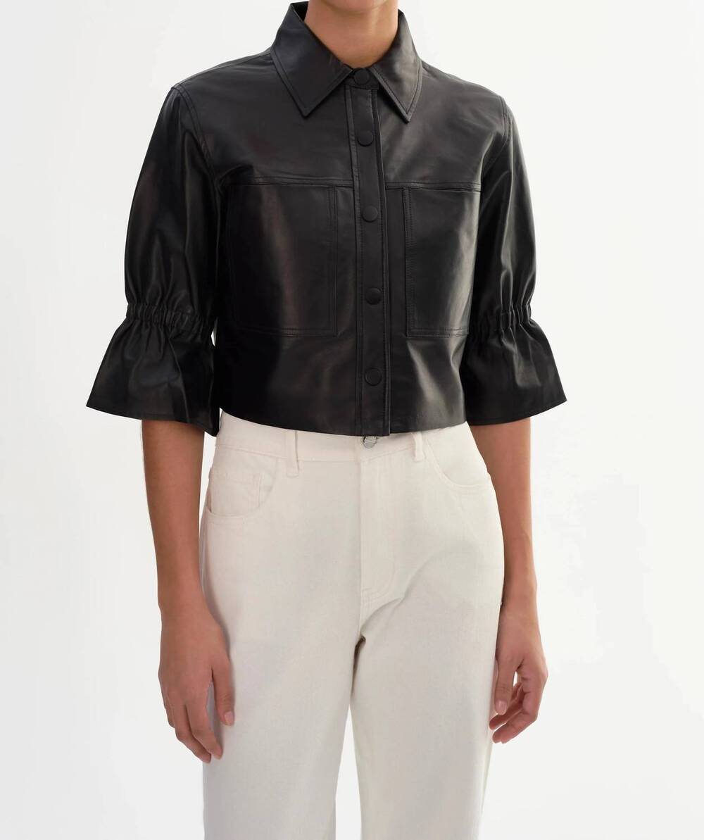 NEW LAMARQUE women's leather ruffle sleeve jacket in black